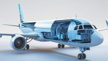 Unveiling the inner workings of a passenger aircraft, a translucent blue marvel showcasing its intricate design and engineering, revealing every seat and compartment in stunning detail.