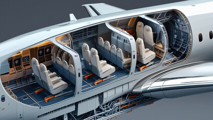 Unveiling the intricate beauty of a private jet's interior, showcasing luxurious seating and complex engineering in a detailed cutaway view with metallic sheen and soft lighting.