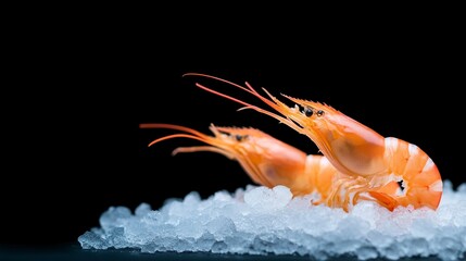 Fresh shrimp delicacy on ice: The image showcases two freshly cooked, succulent shrimp nestled on a bed of glistening ice, a testament to culinary finesse and the freshness of the sea.