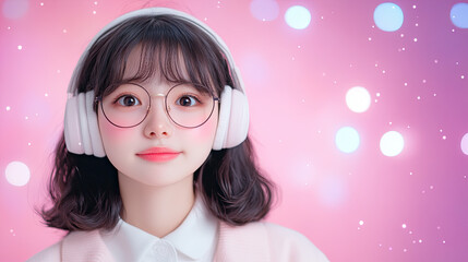 Young woman with headphones and glasses against pink background