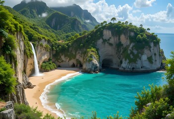 Fototapeta premium Secluded Turquoise Cove: Waterfall, Cliffside Grotto, and Coastal Mountain Vista.