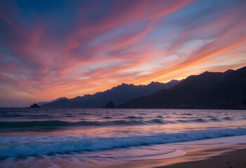 Fototapeta premium Coastal Dusk: Silhouetted Mountains Under a Sky Streaked with Pink and Orange.
