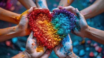 Fototapeta premium Hands holding rainbow colored heart, diverse group, celebration, painted hands
