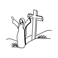  "Jesus with outstretched arms silhouetted in front of a glowing sky."