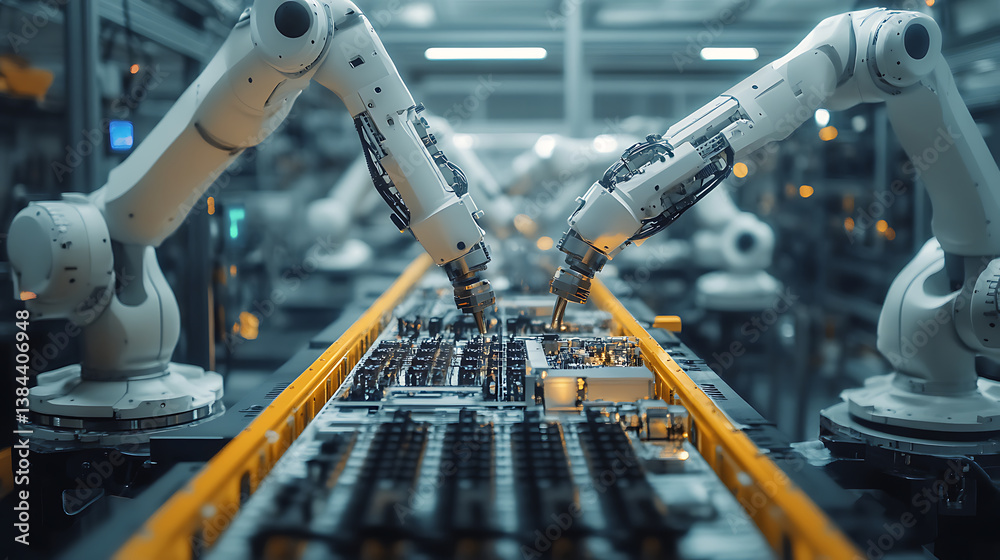 Poster a high tech ai powered factory line with robots assembling delicate electronic components with extre