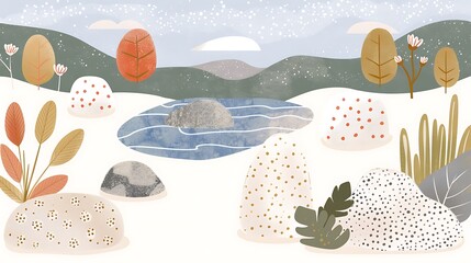 An illustrated landscape scene with trees and a pond