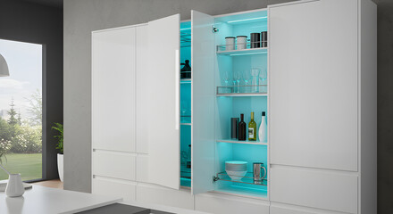 Modern Kitchen Cabinetry Featuring Led Lighting and Retractable Door Elements