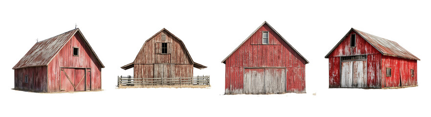 Rustic red barns in a row showcasing classic countryside architecture, PNG bundle collection, Isolated on Transparent Background