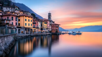Obraz premium Picturesque waterside Italian village at dusk with vivid sky reflections
