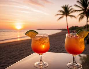 Two cocktail drinks blur beach coast party people and colorful sunset sky in background. Luxury outdoor leisure lifestyle, relaxing and romantic colors, blurred people partying on a summer evening