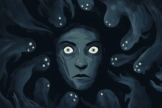 Nyctophobia, Fear of the Dark. Illustration Representing Extreme Fear of Darkness and Nightmares.