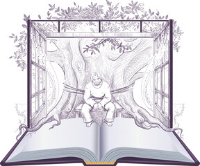 One Hundred Years of Solitude open book old man sitting by tree. Vector cartoon illustration
