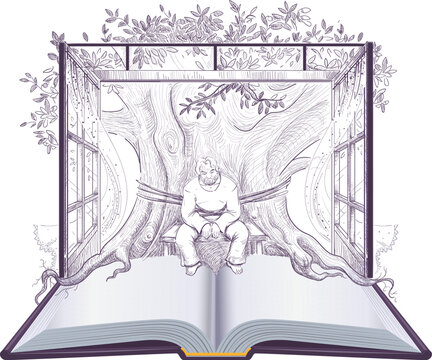 One Hundred Years of Solitude open book old man sitting by tree. Vector cartoon illustration