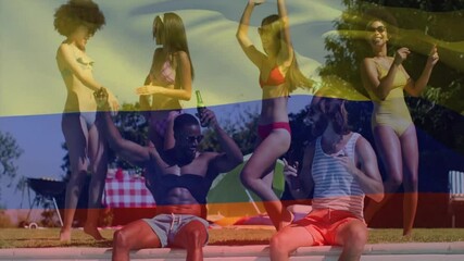 Dancing in swimwear, people holding drinks by poolside on sunny day animation