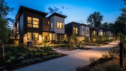 Fototapeta premium Modern Townhouses at Dusk: Architectural Elegance in a Tranquil Setting