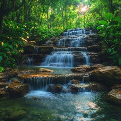 A serene waterfall tumbling over moss-covered rocks, surrounded by lush tropical greenery