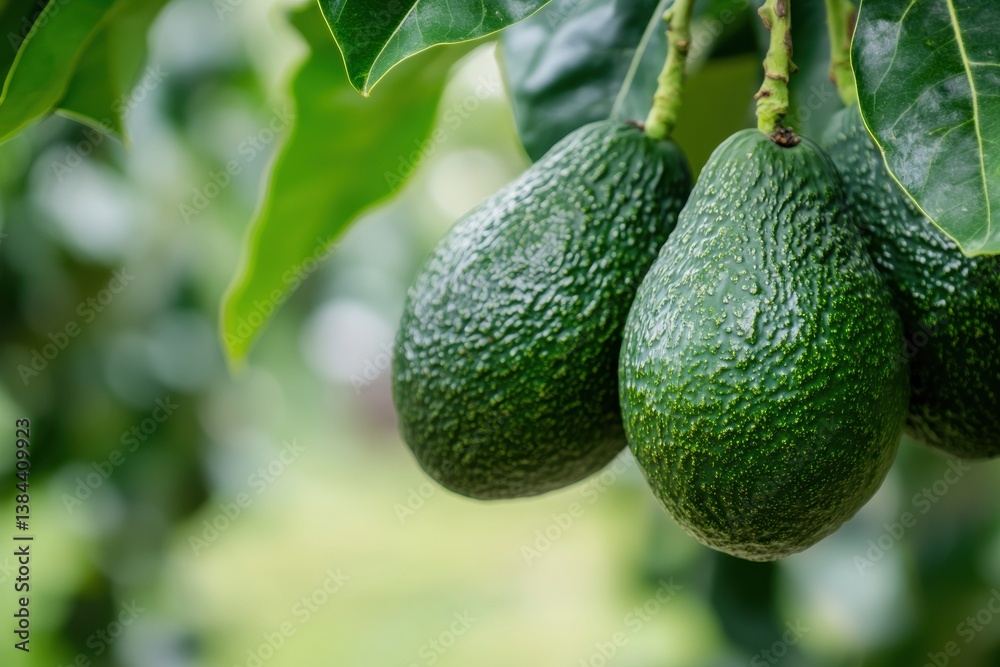 Poster perfectly ripened avocados hanging from branches in a lush orchard background showcasing deep green 