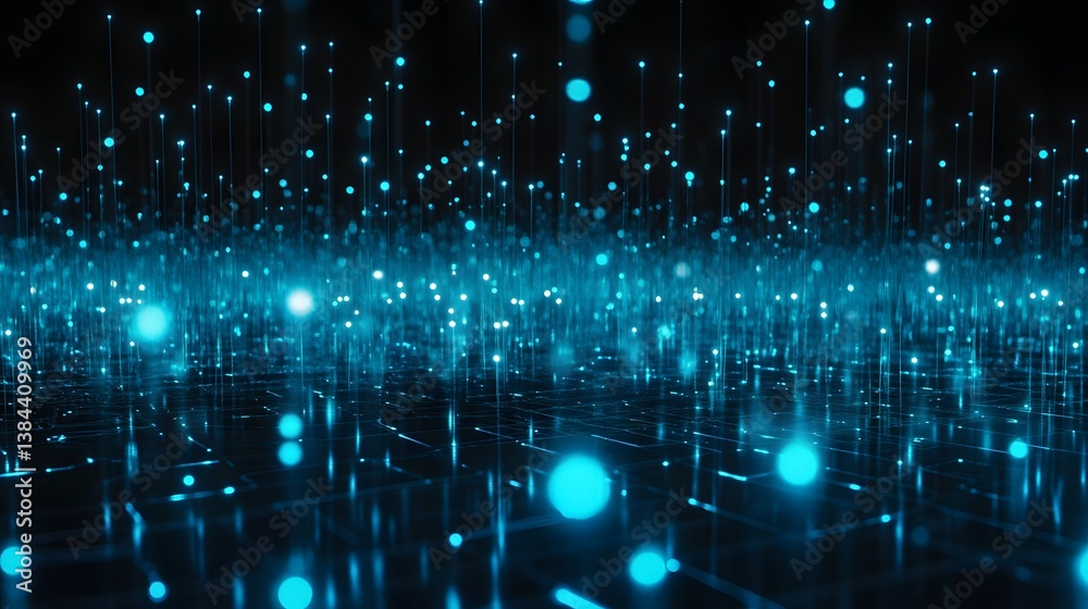 Poster abstract blue digital landscape with glowing points and lines