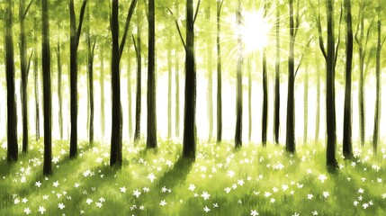 Naklejka premium Sunlight filtering through trees in a forest