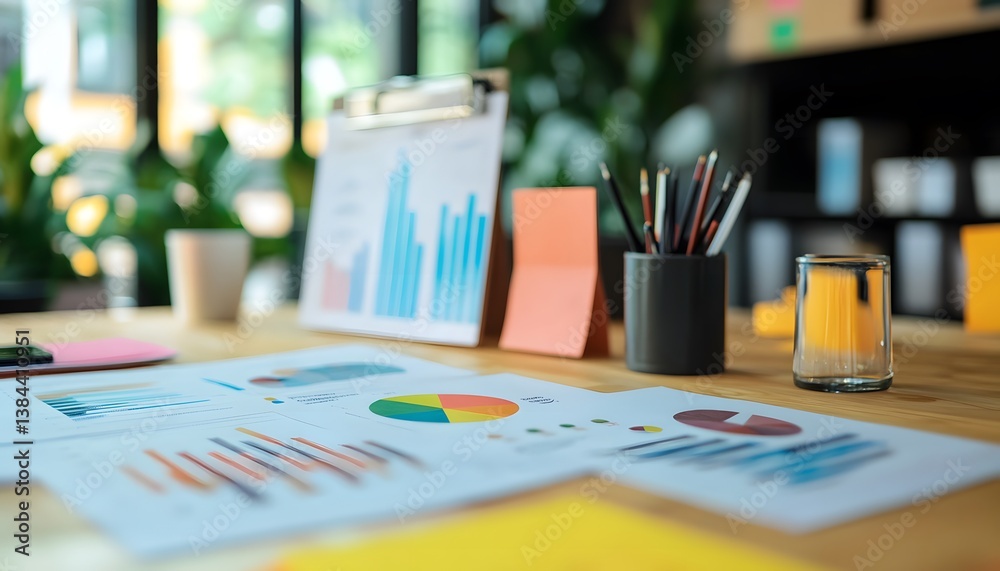 Aufkleber workspace with colorful charts and graphs on wooden table surface