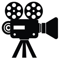 Obraz premium Vintage Movie Camera Icon on Tripod, Black and White Silhouette