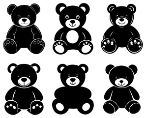 Cute Teddy Bear Silhouette Set, Black Vector Icons for Kids and Toy Designs