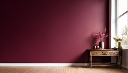 Empty Burgundy Wall Mockup in Traditional Interior with Wood Console Table. Natural Daylight From a Window. Promotion Background.
