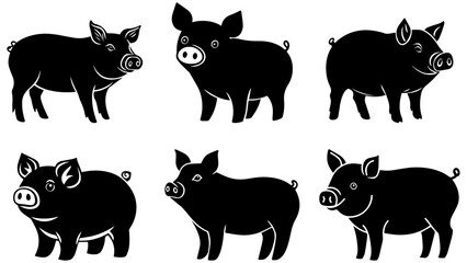 Pig Silhouette Set, Black Farm Animal Vector Icons for Agriculture and Farming