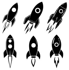 Rocket Ship Silhouettes, Black Spacecraft Vector Icons for Sci-Fi & Space Designs