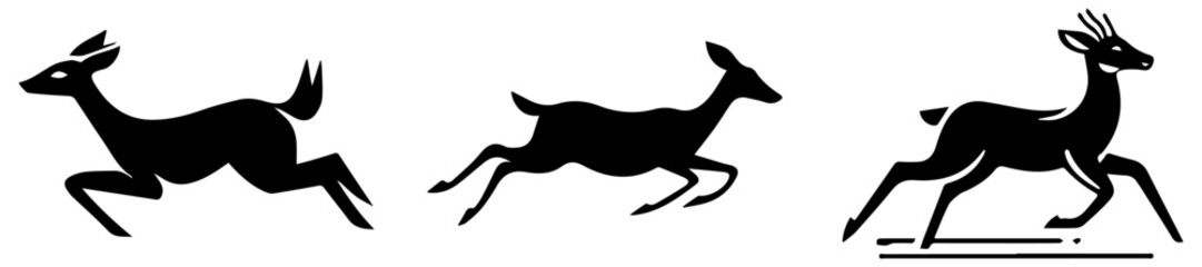 Running Deer Silhouette Set, Elegant Wildlife Vector Illustrations for Nature and Hunting Designs