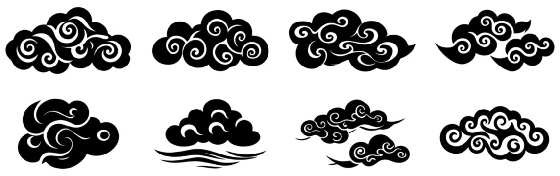Traditional Chinese Cloud Vectors, Oriental Swirl Cloud Silhouettes for Design & Tattoos