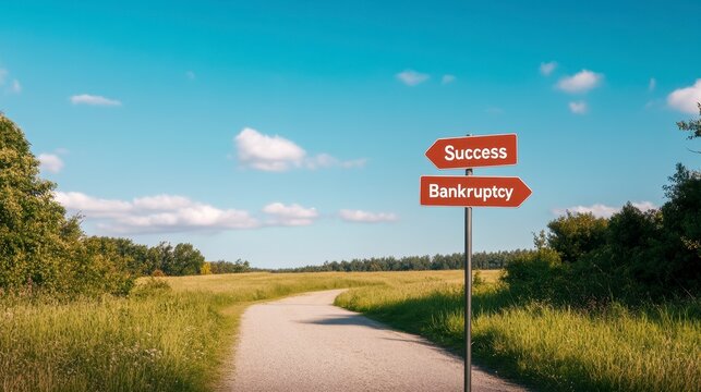 Navigating the Crossroads: a visual depiction of two divergent paths, marked by signs pointing towards "Success" and "Bankruptcy," against a backdrop of a scenic landscape