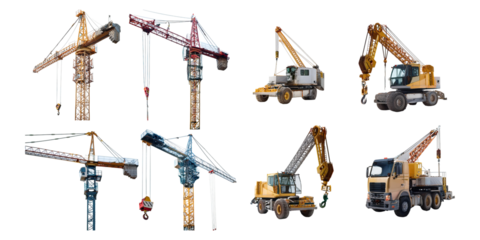 Construction Equipment and Cranes Collection, PNG collection, set bundle, isolate on transparent or white background