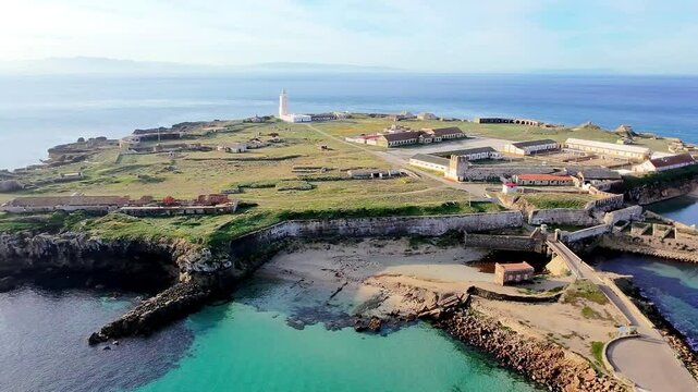 Beautiful Scenic Aerial view of Tarifa City from Costa del Sol Cadiz Spain, the southernmost point of Europe.