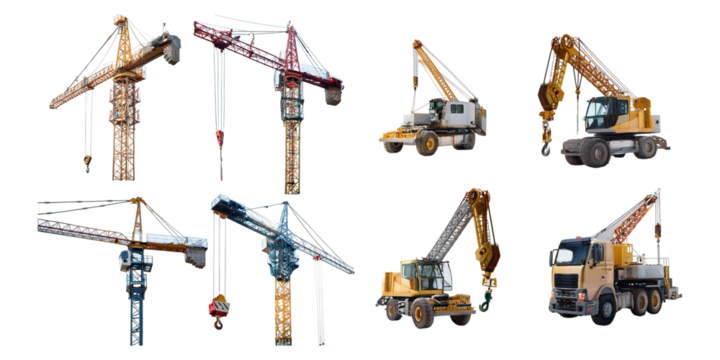 Construction Equipment and Cranes Collection, PNG collection, set bundle, isolate on transparent or white background