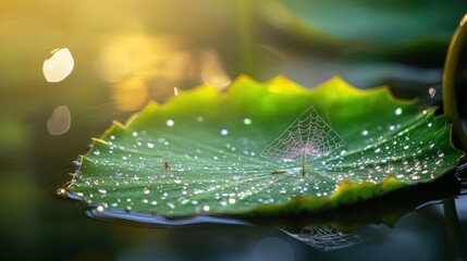 Dewdrops and a Spiderweb on a Lotus Leaf