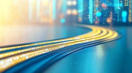 Yellow lines leading to a blue cityscape, creating a sense of movement and connection