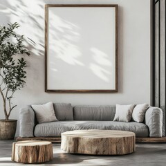 Modern, minimalist living room with a large, framed, blank canvas.  Natural light and wooden accents