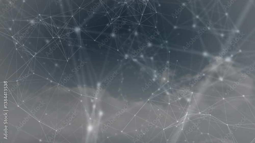Poster network of connections and data processing animation over cloudy sky background