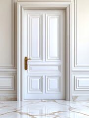 A stylish white door with intricate paneling set against a light-colored wall and glossy marble floor, perfect for interior design projects, real estate listings, or renovation concepts,