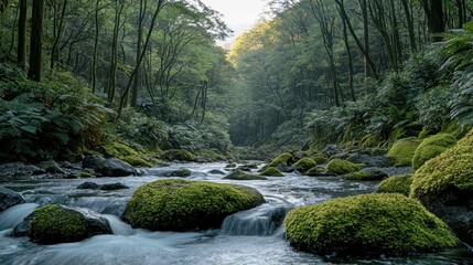 Obraz premium Serene River Flowing Through a Lush Green Forest: A Tranquil Nature Escape