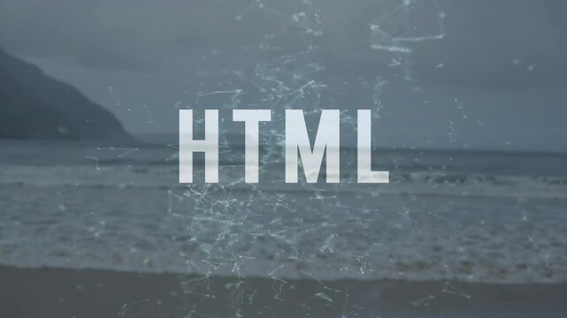 HTML text with digital network animation over ocean waves and distant mountains