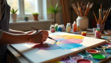 Obraz premium An artist painting on a large canvas in a sunlit studio, surrounded by colorful paint tubes and brushes, natural light highlighting the artwork