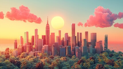 Obraz premium Ethereal Cityscape Sunrise with Lush Green Canopy in Pastel Hues Scenery