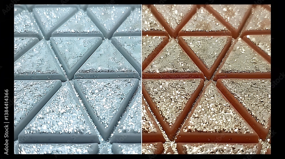 Poster two side by side textures featuring repeated triangular shapes glittered