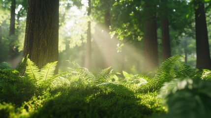 Sunlit Forest Floor: A tranquil forest scene, showcasing the vibrant interplay of sunlight and shadows filtering through the towering trees, illuminating lush ferns and mossy undergrowth.