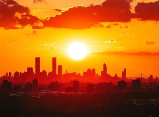 Fototapeta premium Cityscape Silhouette at Dramatic Sunset with Vibrant Orange Sky and Clouds