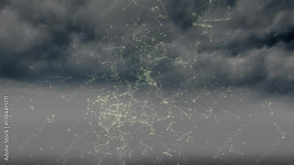 Poster glowing lines and nodes forming animation over stormy sky in abstract pattern
