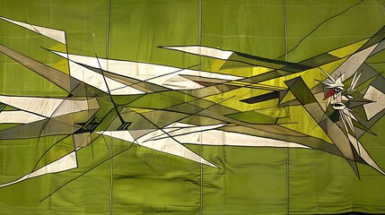 A geometrically abstract composition with a birdlike subject presented in green