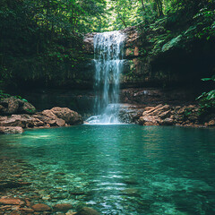 Fototapeta premium A tranquil waterfall cascading down into a clear, blue pool surrounded by lush jungle vegetation